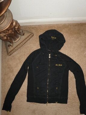 BCBG Black Zip-Up Hooded Jacket with Gold Embroidery